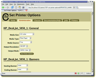 CUPS Set Printer Options Web Page
